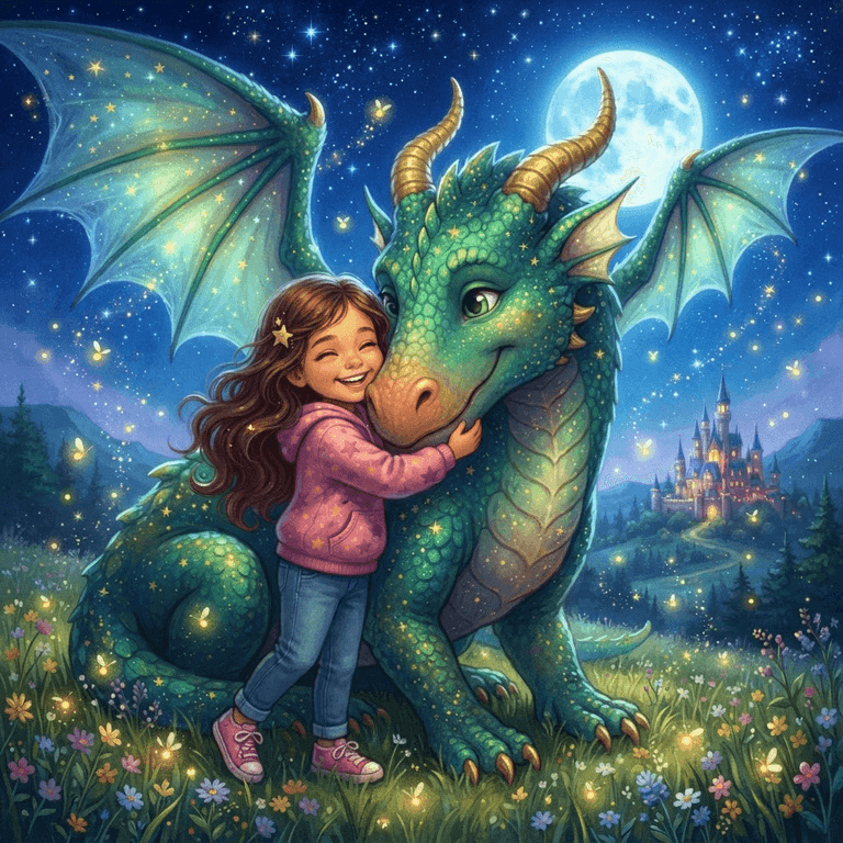 Victoria, a girl with wavy brown hair in a pink hoodie, hugging Atlas the kindhearted emerald dragon beneath a starry moonlit sky