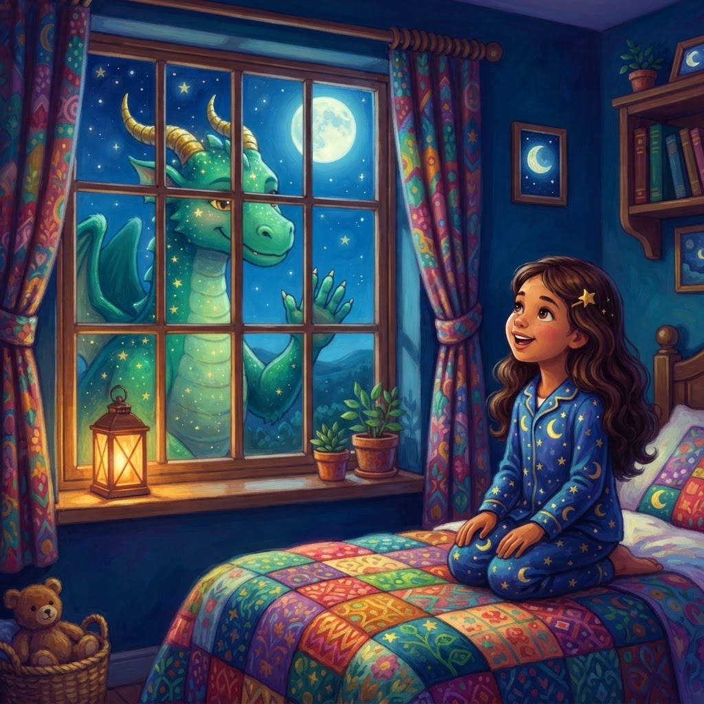 Atlas the emerald dragon tapping on Victoria’s moonlit bedroom window